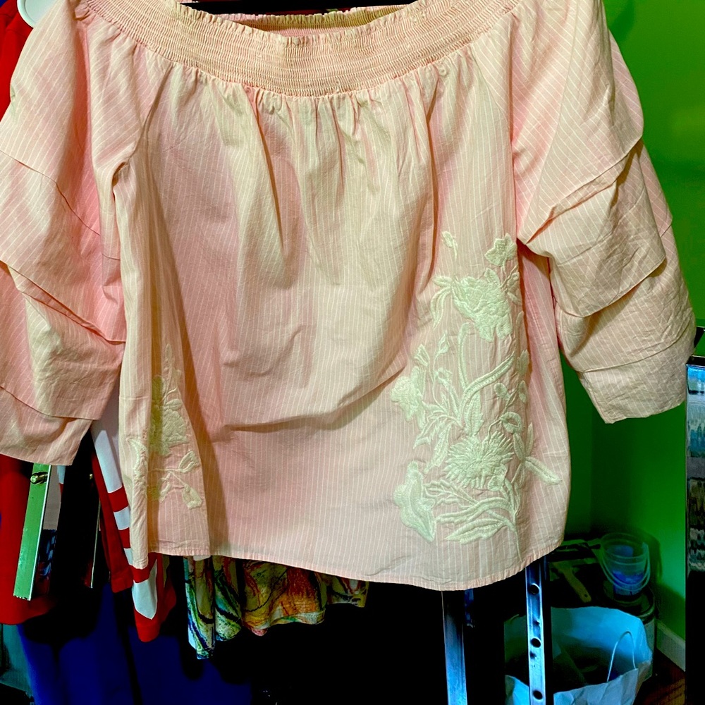 Pink and white off the shoulder shirt